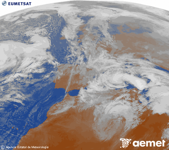 Imagen de la zona de Europa y Norte de �frica del canal infrarrojo del sat�lite Meteosat operacional en 0�N 0�W, procesada para darle color.&nbsp;lunes, 19 enero 2026 a las 14:00