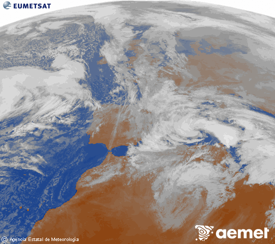 Imatge de la zona d'Europa i Nord d'�frica del canal infraroig del sat�l�lit Meteosat operacional en 0�N 0�W, processada per a donar-li color.&nbsp;dilluns, 19 de gener  2026 15:00