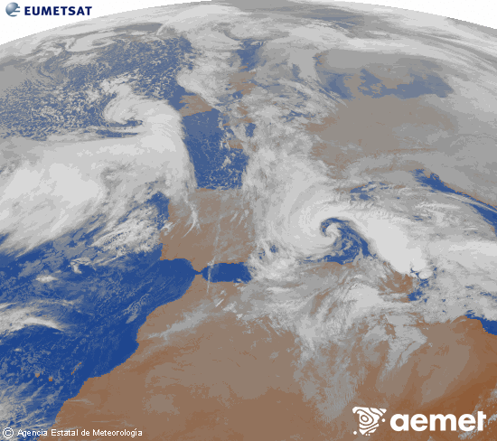 Imagen de la zona de Europa y Norte de �frica del canal infrarrojo del sat�lite Meteosat operacional en 0�N 0�W, procesada para darle color.&nbsp;dilluns, 19 de gener  2026 20:00