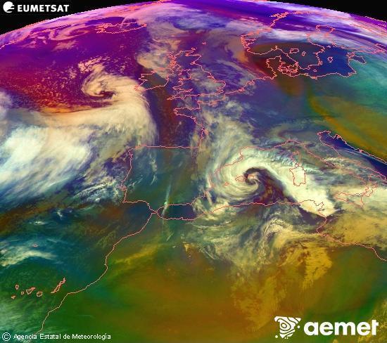 RGB composition where several channels of satellite Meteosat operational in 0� N 0� W are mixed, providing air mass and cloudiness features.&nbsp;Monday, 19 January  2026 21:00