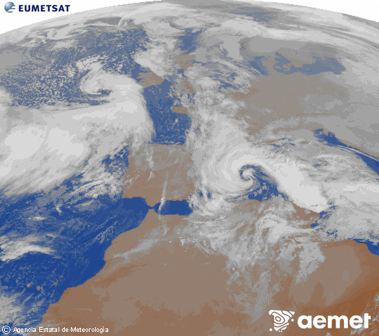 Imagen de la zona de Europa y Norte de �frica del canal infrarrojo del sat�lite Meteosat operacional en 0�N 0�W, procesada para darle color.&nbsp;dilluns, 19 de gener  2026 21:00