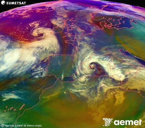 RGB composition where several channels of satellite Meteosat operational in 0� N 0� W are mixed, providing air mass and cloudiness features.&nbsp;Monday, 19 January  2026 22:00