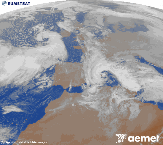 Imagen de la zona de Europa y Norte de �frica del canal infrarrojo del sat�lite Meteosat operacional en 0�N 0�W, procesada para darle color.&nbsp;dilluns, 19 de gener  2026 22:00