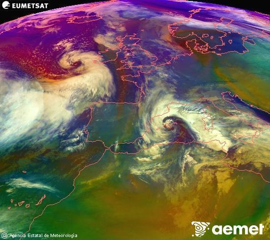 RGB composition where several channels of satellite Meteosat operational in 0� N 0� W are mixed, providing air mass and cloudiness features.&nbsp;Monday, 19 January  2026 23:00