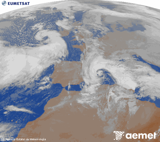 Imagen de la zona de Europa y Norte de �frica del canal infrarrojo del sat�lite Meteosat operacional en 0�N 0�W, procesada para darle color.&nbsp;dilluns, 19 de gener  2026 23:00
