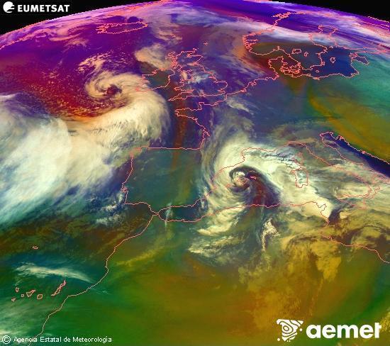 RGB composition where several channels of satellite Meteosat operational in 0� N 0� W are mixed, providing air mass and cloudiness features.&nbsp;Tuesday, 20 January  2026 00:00