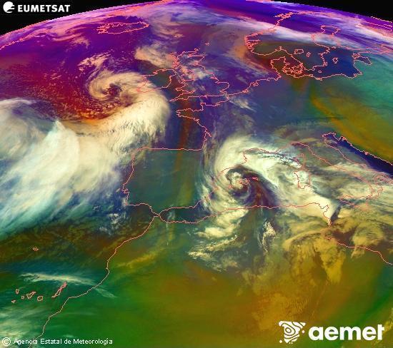 RGB composition where several channels of satellite Meteosat operational in 0� N 0� W are mixed, providing air mass and cloudiness features.&nbsp;Tuesday, 20 January  2026 01:00