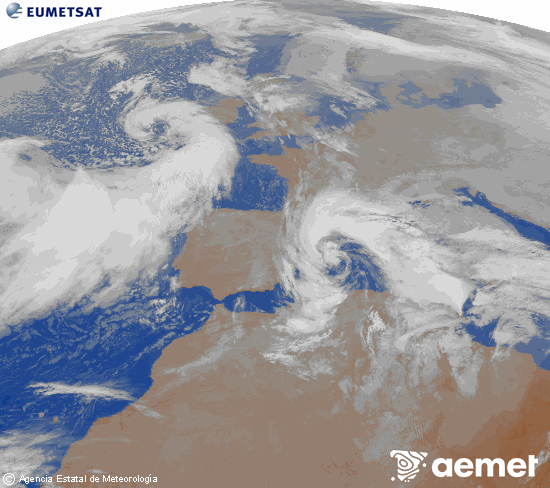 Imagen de la zona de Europa y Norte de �frica del canal infrarrojo del sat�lite Meteosat operacional en 0�N 0�W, procesada para darle color.&nbsp;dimarts, 20 de gener  2026 01:00