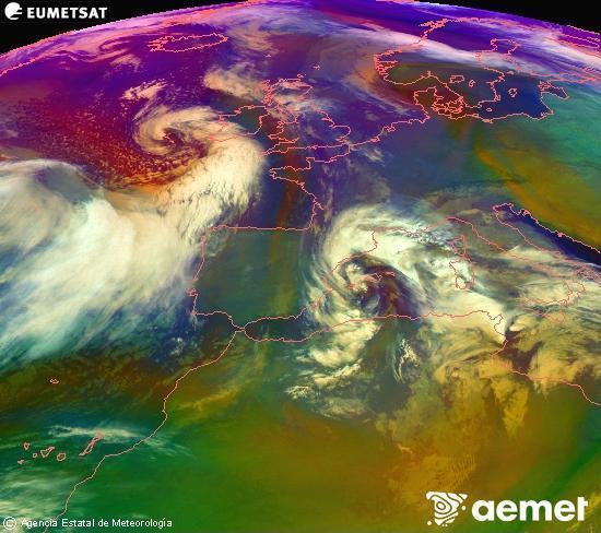 RGB composition where several channels of satellite Meteosat operational in 0� N 0� W are mixed, providing air mass and cloudiness features.&nbsp;Tuesday, 20 January  2026 02:00