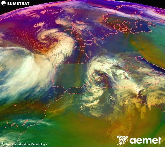 RGB composition where several channels of satellite Meteosat operational in 0� N 0� W are mixed, providing air mass and cloudiness features.&nbsp;Tuesday, 20 January  2026 03:00