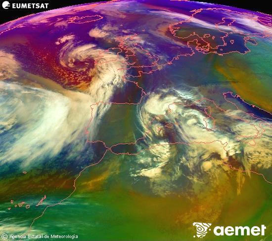 RGB composition where several channels of satellite Meteosat operational in 0� N 0� W are mixed, providing air mass and cloudiness features.&nbsp;Tuesday, 20 January  2026 05:00