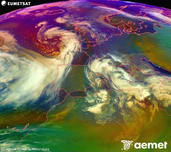 RGB composition where several channels of satellite Meteosat operational in 0� N 0� W are mixed, providing air mass and cloudiness features.&nbsp;Tuesday, 20 January  2026 06:00