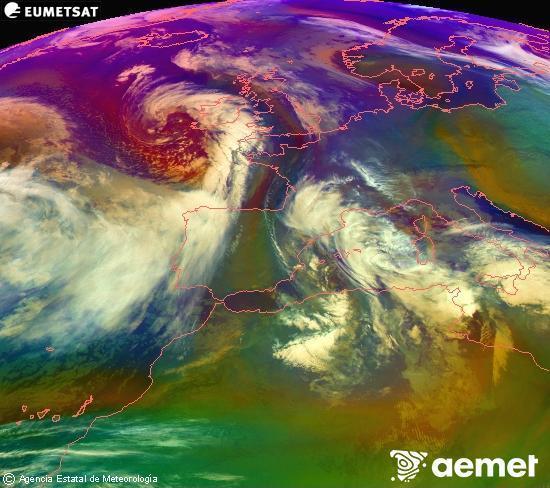 RGB composition where several channels of satellite Meteosat operational in 0� N 0� W are mixed, providing air mass and cloudiness features.&nbsp;Tuesday, 20 January  2026 08:00