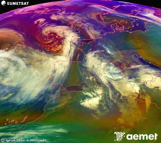 RGB composition where several channels of satellite Meteosat operational in 0� N 0� W are mixed, providing air mass and cloudiness features.&nbsp;Tuesday, 20 January  2026 09:00