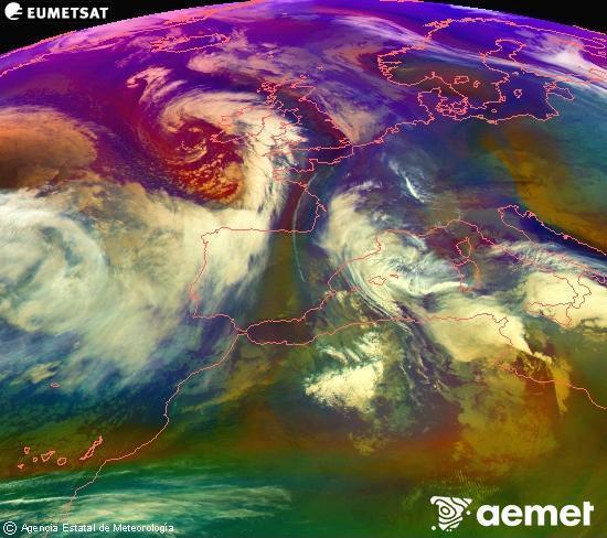 RGB composition where several channels of satellite Meteosat operational in 0� N 0� W are mixed, providing air mass and cloudiness features.&nbsp;Tuesday, 20 January  2026 10:00