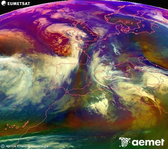 RGB composition where several channels of satellite Meteosat operational in 0� N 0� W are mixed, providing air mass and cloudiness features.&nbsp;Tuesday, 20 January  2026 12:00