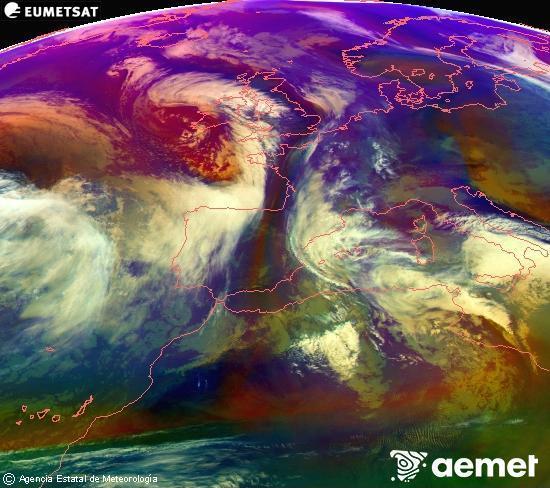 RGB composition where several channels of satellite Meteosat operational in 0� N 0� W are mixed, providing air mass and cloudiness features.&nbsp;Tuesday, 20 January  2026 13:00