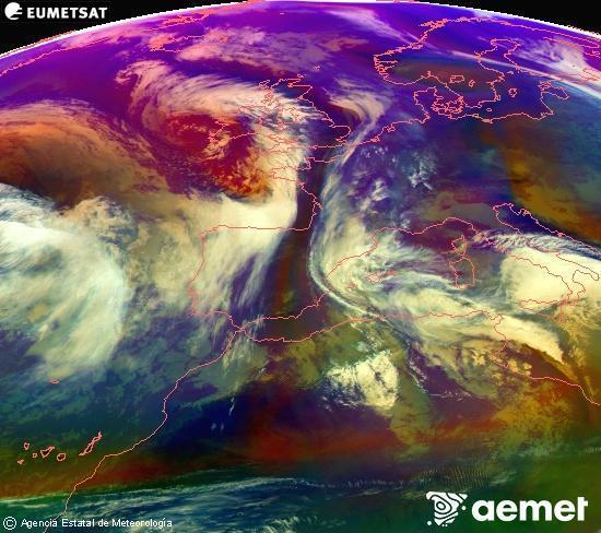 RGB composition where several channels of satellite Meteosat operational in 0� N 0� W are mixed, providing air mass and cloudiness features.&nbsp;Tuesday, 20 January  2026 14:00