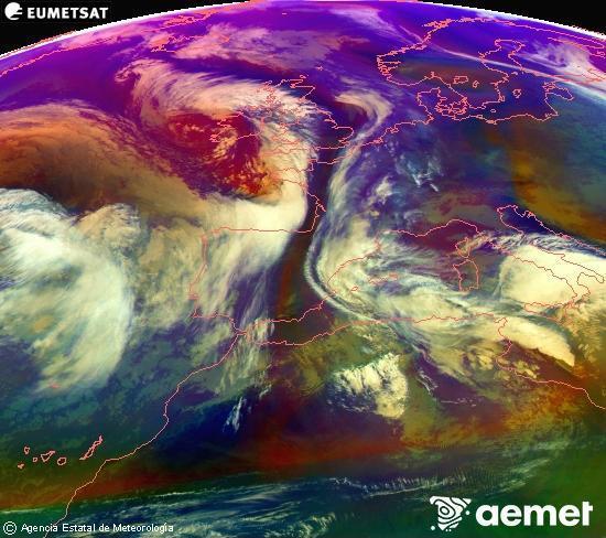 RGB composition where several channels of satellite Meteosat operational in 0� N 0� W are mixed, providing air mass and cloudiness features.&nbsp;Tuesday, 20 January  2026 15:00