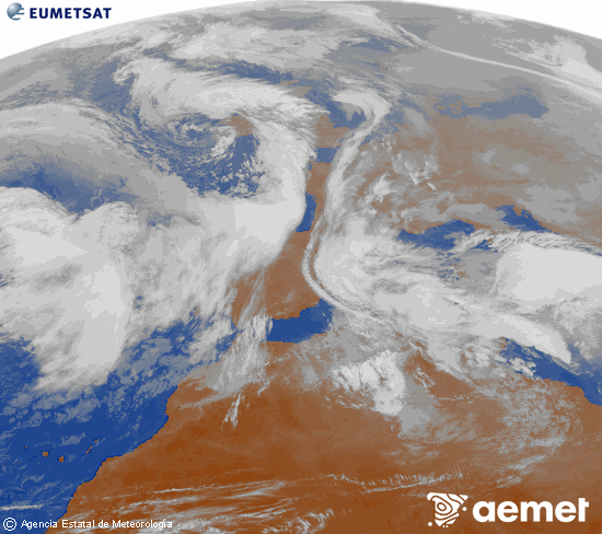 Imagen de la zona de Europa y Norte de �frica del canal infrarrojo del sat�lite Meteosat operacional en 0�N 0�W, procesada para darle color.&nbsp;mardi, 20 janvier  2026 15:00