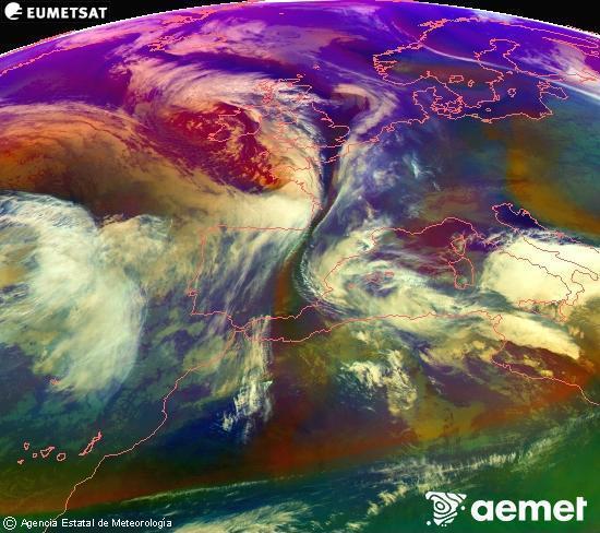 RGB composition where several channels of satellite Meteosat operational in 0� N 0� W are mixed, providing air mass and cloudiness features.&nbsp;Tuesday, 20 January  2026 17:00