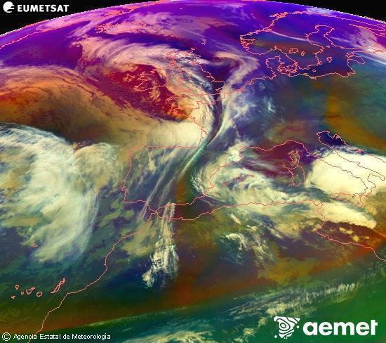 RGB composition where several channels of satellite Meteosat operational in 0� N 0� W are mixed, providing air mass and cloudiness features.&nbsp;Tuesday, 20 January  2026 18:00