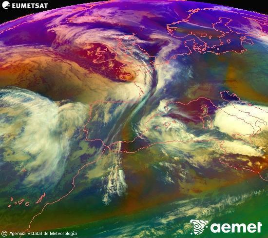 RGB composition where several channels of satellite Meteosat operational in 0� N 0� W are mixed, providing air mass and cloudiness features.&nbsp;Tuesday, 20 January  2026 19:00