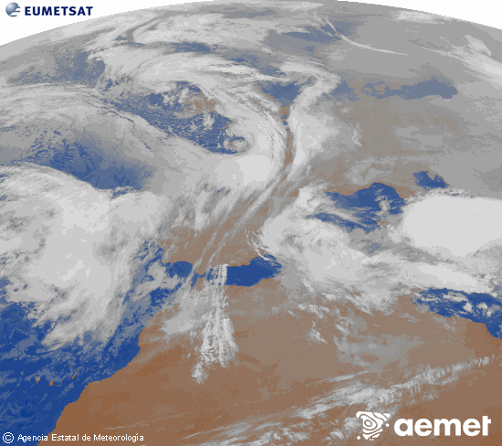 Imagen de la zona de Europa y Norte de �frica del canal infrarrojo del sat�lite Meteosat operacional en 0�N 0�W, procesada para darle color.&nbsp;mardi, 20 janvier  2026 19:00