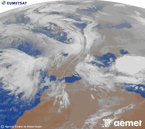 Imagen de la zona de Europa y Norte de �frica del canal infrarrojo del sat�lite Meteosat operacional en 0�N 0�W, procesada para darle color.&nbsp;mardi, 20 janvier  2026 20:00