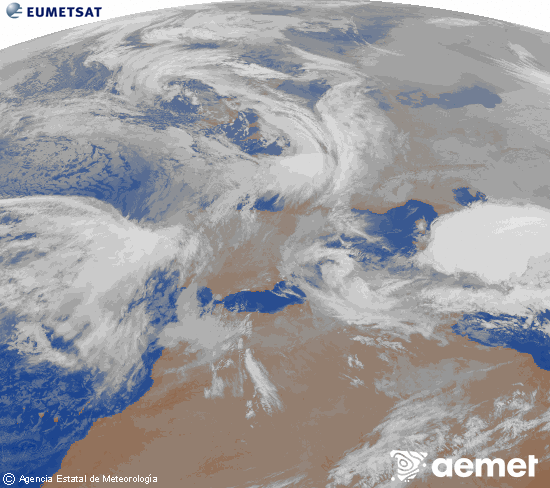 Imagen de la zona de Europa y Norte de �frica del canal infrarrojo del sat�lite Meteosat operacional en 0�N 0�W, procesada para darle color.&nbsp;mardi, 20 janvier  2026 22:00