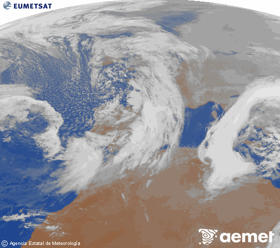 Imagen de la zona de Europa y Norte de �frica del canal infrarrojo del sat�lite Meteosat operacional en 0�N 0�W, procesada para darle color.&nbsp;mercredi, 21 janvier  2026 19:00