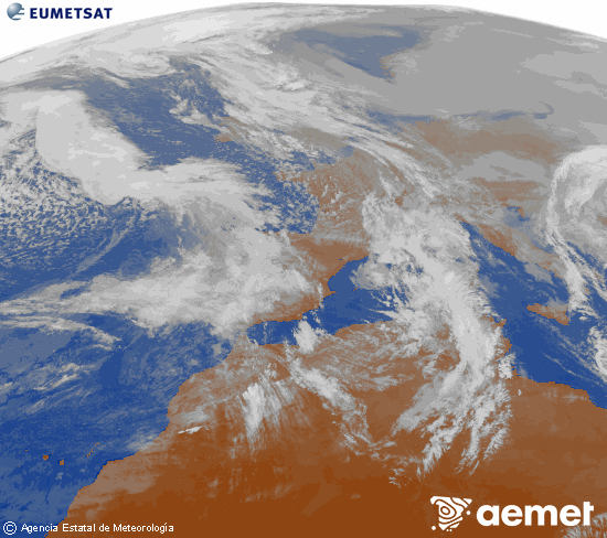 Imagen de la zona de Europa y Norte de �frica del canal infrarrojo del sat�lite Meteosat operacional en 0�N 0�W, procesada para darle color.&nbsp;jeudi, 22 janvier  2026 14:00