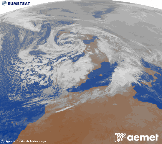 Imagen de la zona de Europa y Norte de �frica del canal infrarrojo del sat�lite Meteosat operacional en 0�N 0�W, procesada para darle color.&nbsp;divendres, 23 de gener  2026 20:00