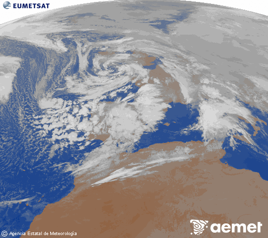 Imatge de la zona d'Europa i Nord d'�frica del canal infraroig del sat�l�lit Meteosat operacional en 0�N 0�W, processada per a donar-li color.&nbsp;divendres, 23 de gener  2026 23:00