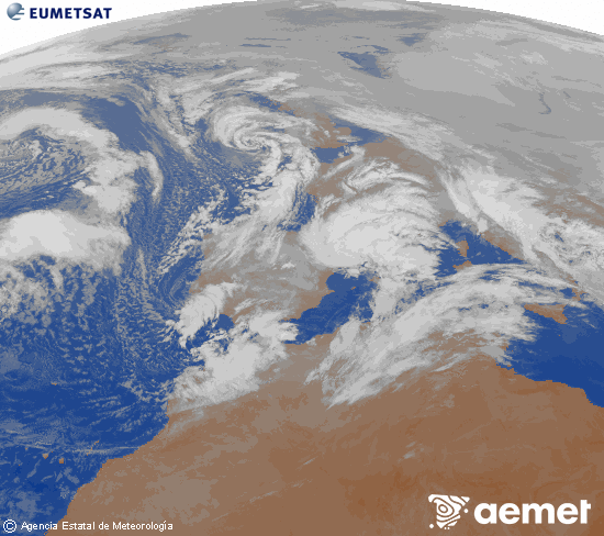 Imatge de la zona d'Europa i Nord d'�frica del canal infraroig del sat�l�lit Meteosat operacional en 0�N 0�W, processada per a donar-li color.&nbsp;dissabte, 24 de gener  2026 09:00