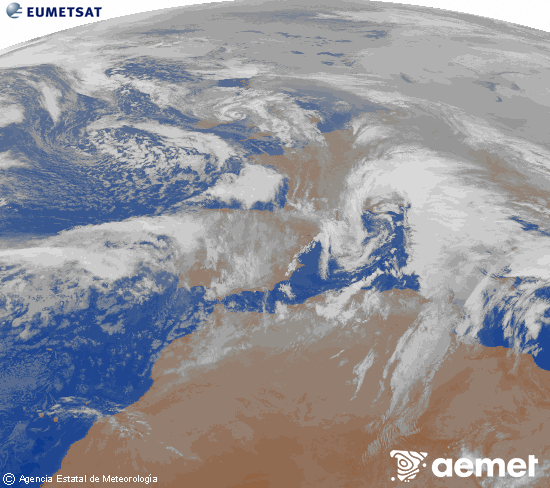 Imagen de la zona de Europa y Norte de �frica del canal infrarrojo del sat�lite Meteosat operacional en 0�N 0�W, procesada para darle color.&nbsp;dimanche, 25 janvier  2026 00:00