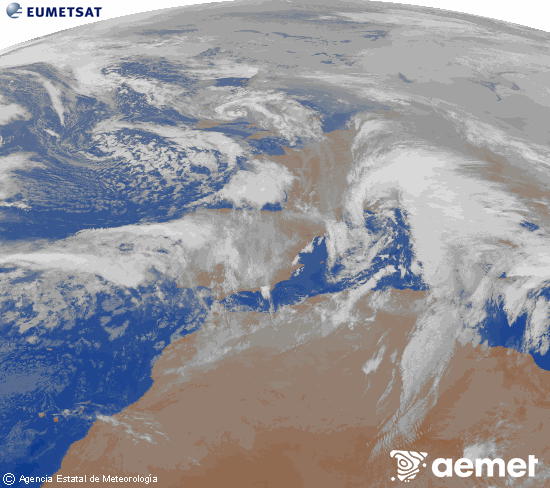 Imagen de la zona de Europa y Norte de �frica del canal infrarrojo del sat�lite Meteosat operacional en 0�N 0�W, procesada para darle color.&nbsp;dimanche, 25 janvier  2026 01:00