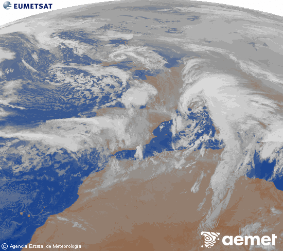 Imagen de la zona de Europa y Norte de �frica del canal infrarrojo del sat�lite Meteosat operacional en 0�N 0�W, procesada para darle color.&nbsp;dimanche, 25 janvier  2026 02:00