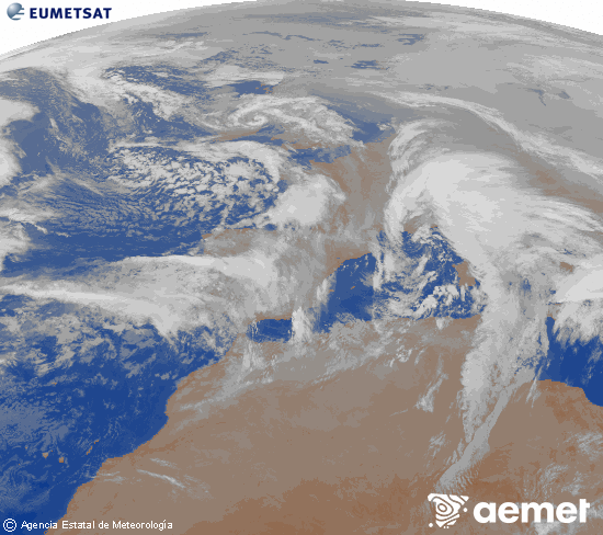 Imagen de la zona de Europa y Norte de �frica del canal infrarrojo del sat�lite Meteosat operacional en 0�N 0�W, procesada para darle color.&nbsp;dimanche, 25 janvier  2026 03:00