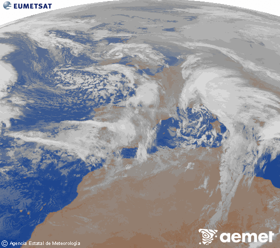 Imagen de la zona de Europa y Norte de �frica del canal infrarrojo del sat�lite Meteosat operacional en 0�N 0�W, procesada para darle color.&nbsp;dimanche, 25 janvier  2026 04:00