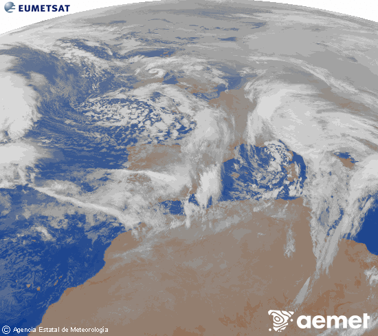 Imagen de la zona de Europa y Norte de �frica del canal infrarrojo del sat�lite Meteosat operacional en 0�N 0�W, procesada para darle color.&nbsp;dimanche, 25 janvier  2026 06:00