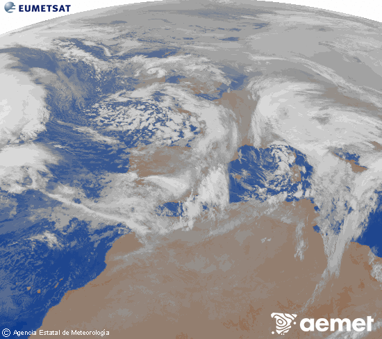 Imagen de la zona de Europa y Norte de �frica del canal infrarrojo del sat�lite Meteosat operacional en 0�N 0�W, procesada para darle color.&nbsp;dimanche, 25 janvier  2026 07:00