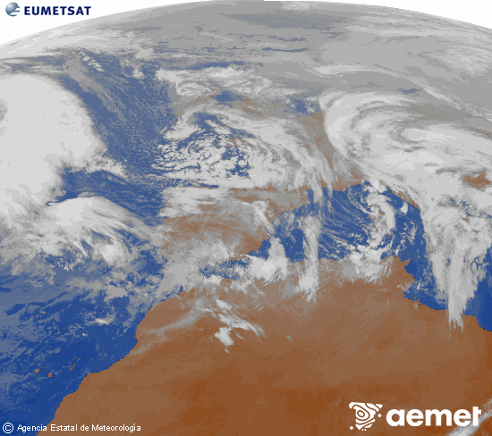 Imatge de la zona d'Europa i Nord d'�frica del canal infraroig del sat�l�lit Meteosat operacional en 0�N 0�W, processada per a donar-li color.&nbsp;diumenge, 25 de gener  2026 11:00