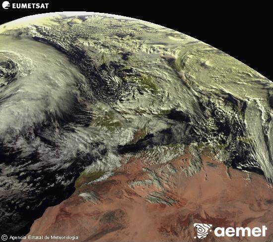 Aquesta imatge es genera utilitzant informaci� dels canals visibles del sat�l�lit METEOSAT, que pertany a la segona generaci� de sat�l�lits Meteosat (MSG). Per aquest motiu, nom�s hi ha informaci� en la zona il�luminada pel sol. A m�s, els canals han sigut normalitzats perqu� la lluentor no depenga de la posici� del sol.&nbsp;diumenge, 25 de gener  2026 16:00