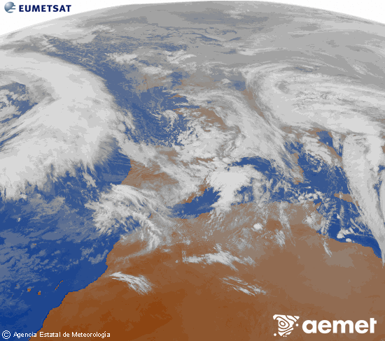 Imagen de la zona de Europa y Norte de �frica del canal infrarrojo del sat�lite Meteosat operacional en 0�N 0�W, procesada para darle color.&nbsp;domingo, 25 enero 2026 a las 17:00