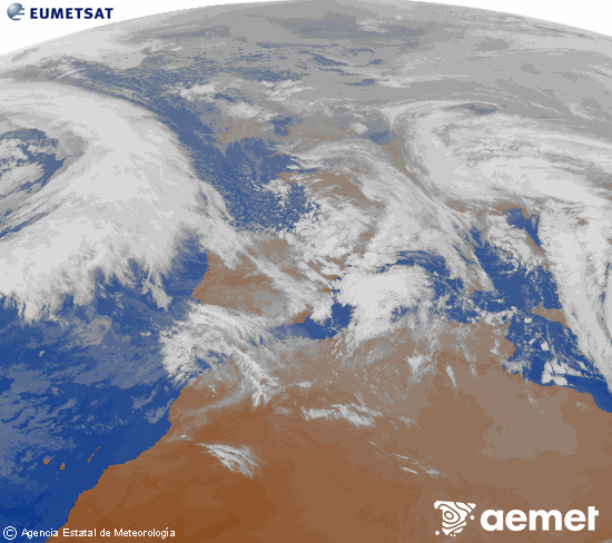 Imagen de la zona de Europa y Norte de �frica del canal infrarrojo del sat�lite Meteosat operacional en 0�N 0�W, procesada para darle color.&nbsp;domingo, 25 enero 2026 a las 18:00