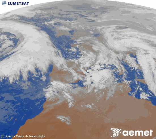 Imagen de la zona de Europa y Norte de �frica del canal infrarrojo del sat�lite Meteosat operacional en 0�N 0�W, procesada para darle color.&nbsp;domingo, 25 enero 2026 a las 19:00