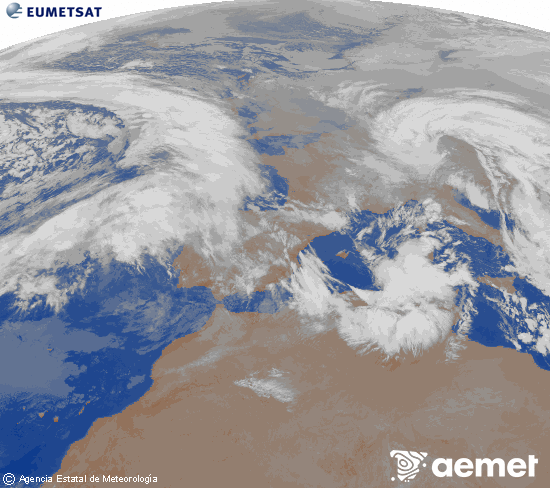 Imagen de la zona de Europa y Norte de �frica del canal infrarrojo del sat�lite Meteosat operacional en 0�N 0�W, procesada para darle color.&nbsp;lunes, 26 enero 2026 a las 02:00