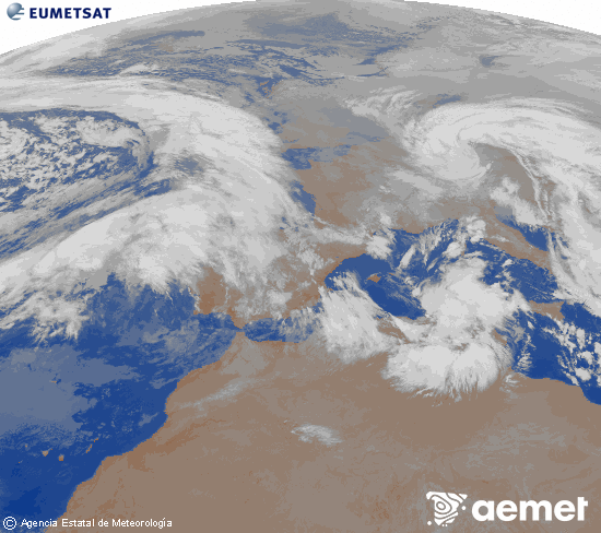 Imagen de la zona de Europa y Norte de �frica del canal infrarrojo del sat�lite Meteosat operacional en 0�N 0�W, procesada para darle color.&nbsp;lunes, 26 enero 2026 a las 03:00