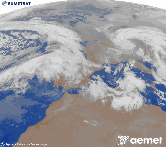 Imagen de la zona de Europa y Norte de �frica del canal infrarrojo del sat�lite Meteosat operacional en 0�N 0�W, procesada para darle color.&nbsp;lunes, 26 enero 2026 a las 04:00